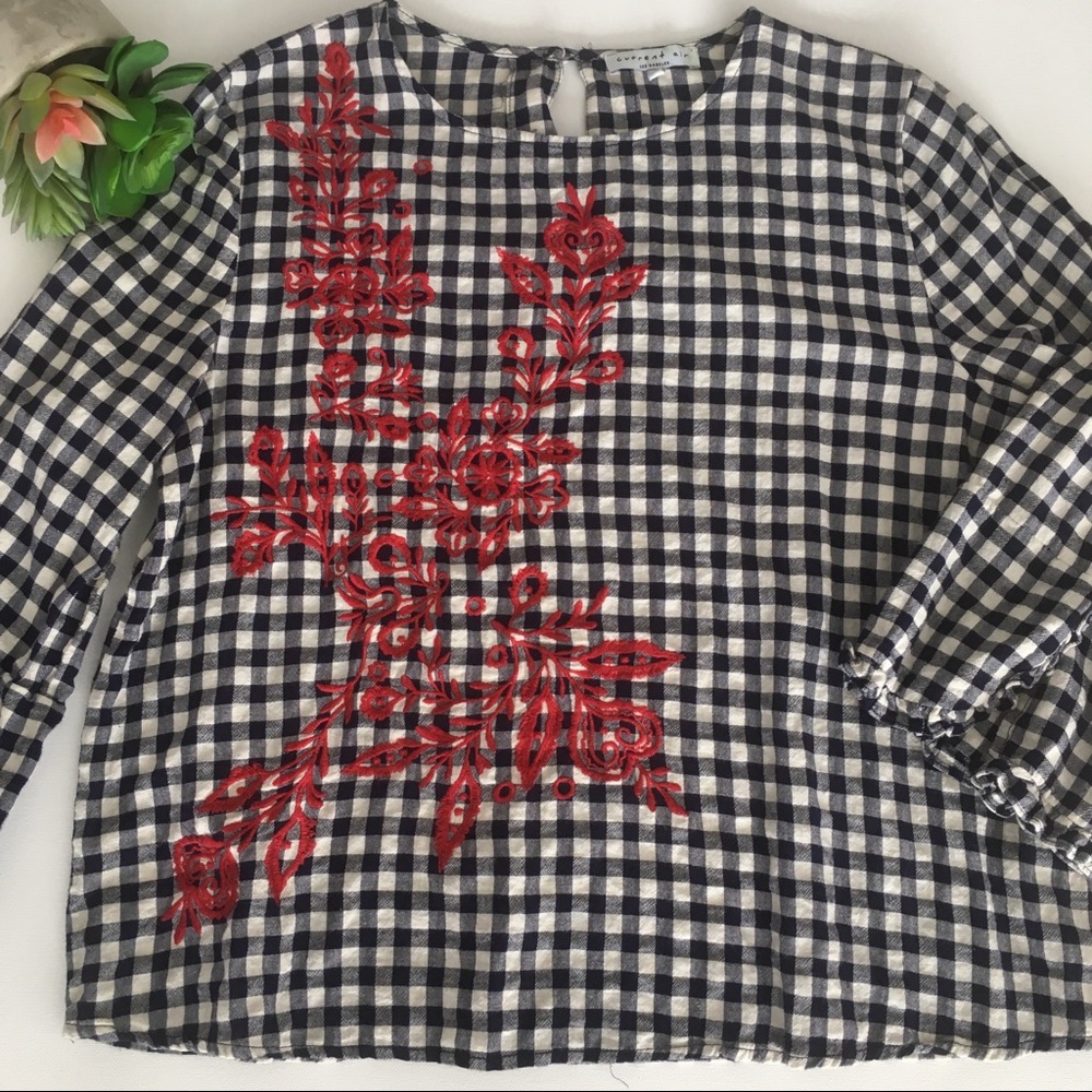 Current Air embroidered Navy Gingham check top L